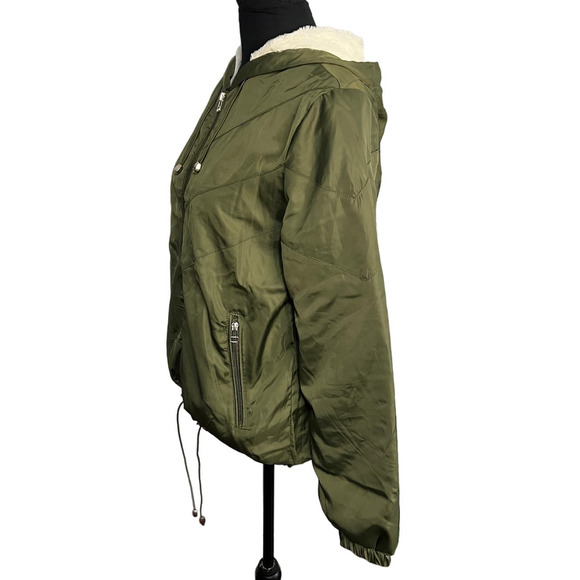 Delia's Army Green Satin Full Zip Front Jacket Size M Faux Fur Lined - Picture 4 of 6